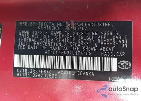 2007 Toyota Camry Le z USA, uszkodzony, nr VIN 4T1BE46K37U174105